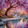 A vibrant landscape diamond painting kit featuring a pink cherry blossom tree and water feature in a garden setting.