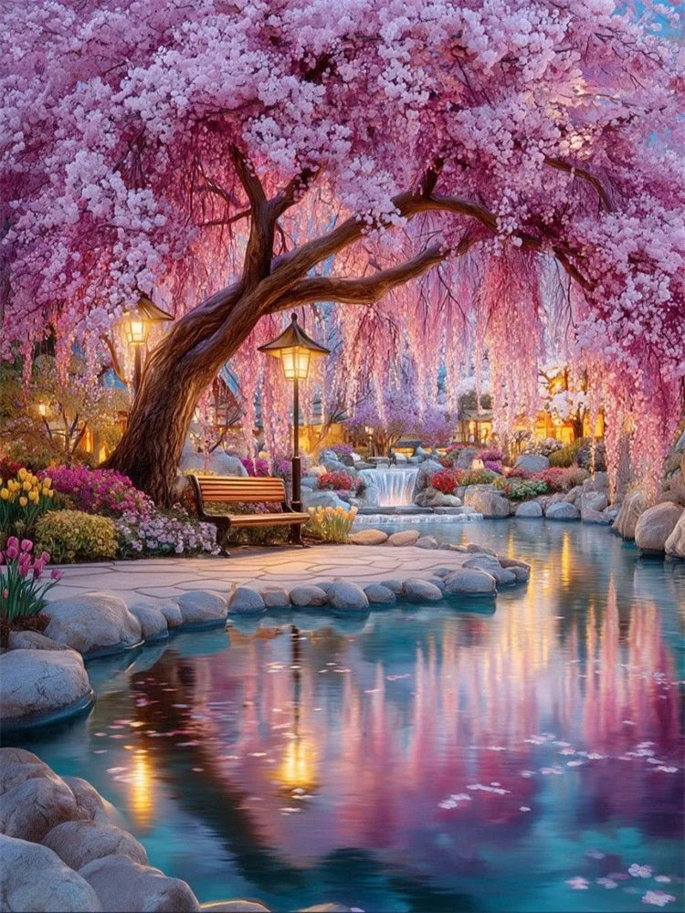A vibrant landscape diamond painting kit featuring a pink cherry blossom tree and water feature in a garden setting.