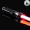 A black lightsaber with a red blade and a metallic hilt is displayed against a dark background.