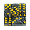 A set of ten black marble acrylic dice, including one larger diamond-shaped die, arranged in a grid.