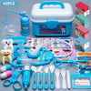 A set of kids doctor pretend play tools including a medical kit, stethoscope, tongue depressor, and various plastic instrumen