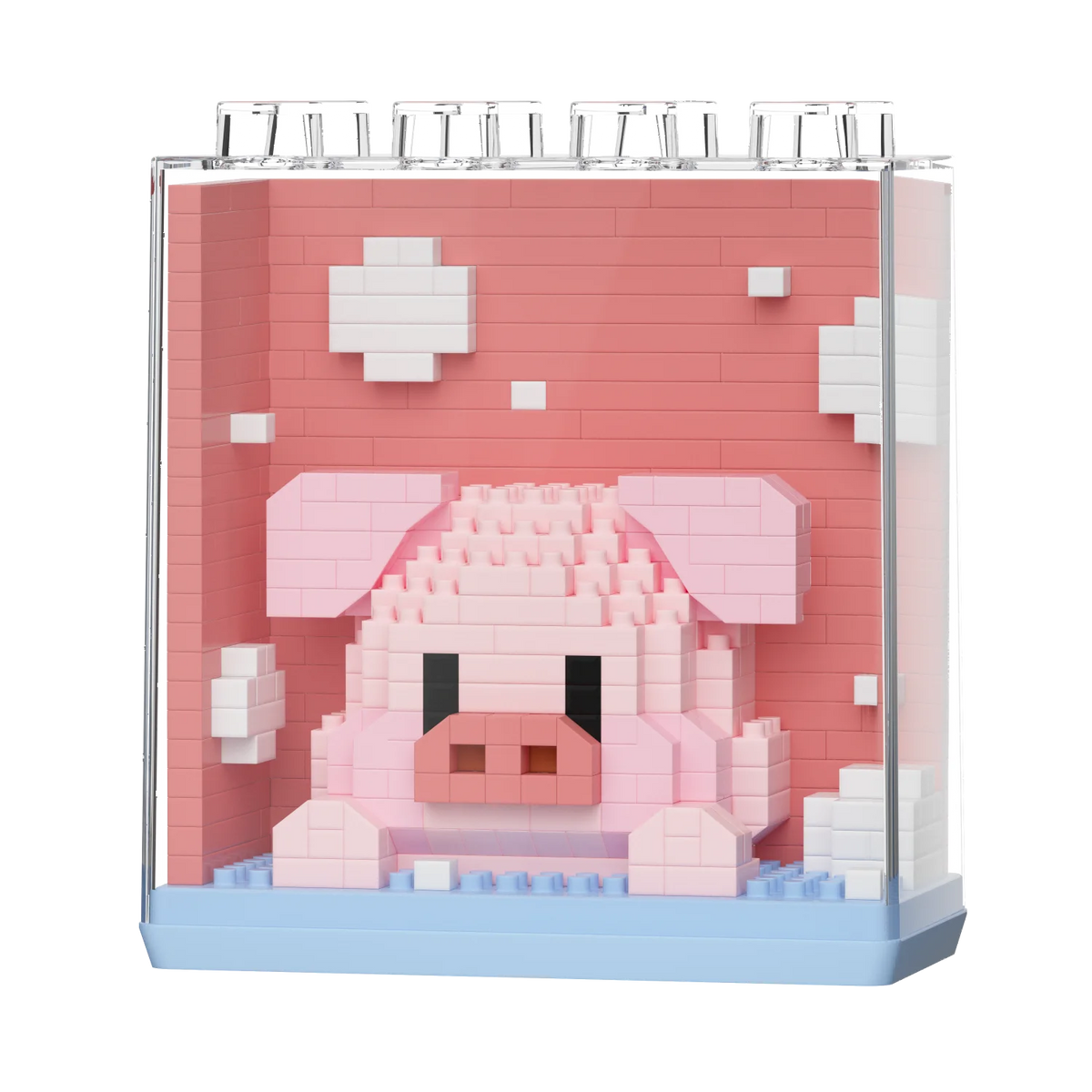 A display box of adorable panda micro building blocks featuring a pink pig character.