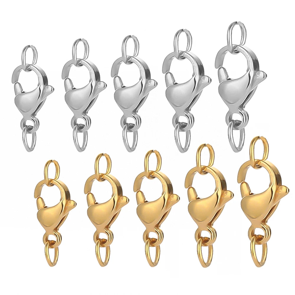 A set of stainless steel lobster clasps and jewelry connectors in silver and gold colors.