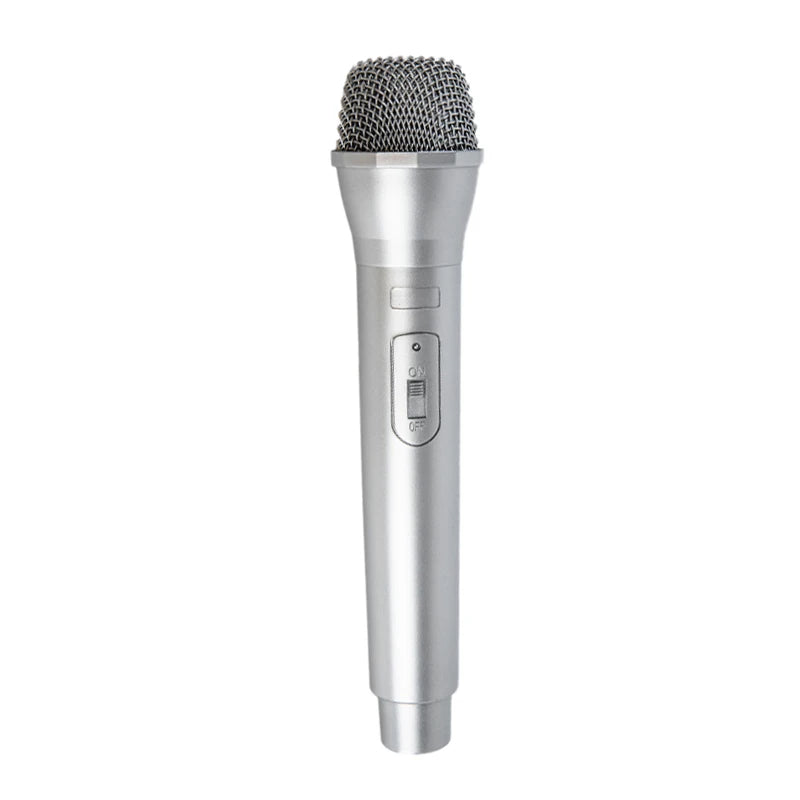 Silver realistic toy microphone prop with a mesh grille and an on/off switch.