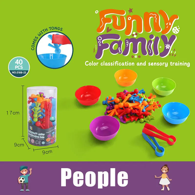 A set of colorful animal toys for color classification and sensory training, including a vertical container and various color