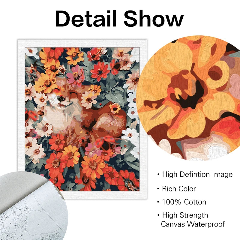 A close-up of a detailed painting featuring autumn flowers and wildlife on canvas.