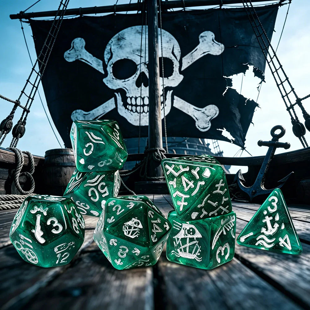 A set of seven green resin polyhedral dice displayed in front of a pirate flag and wooden planks.
