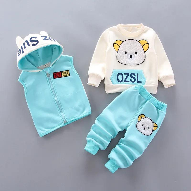A set of light blue and cream fleece hooded sweaters featuring cartoon bear designs for kids.