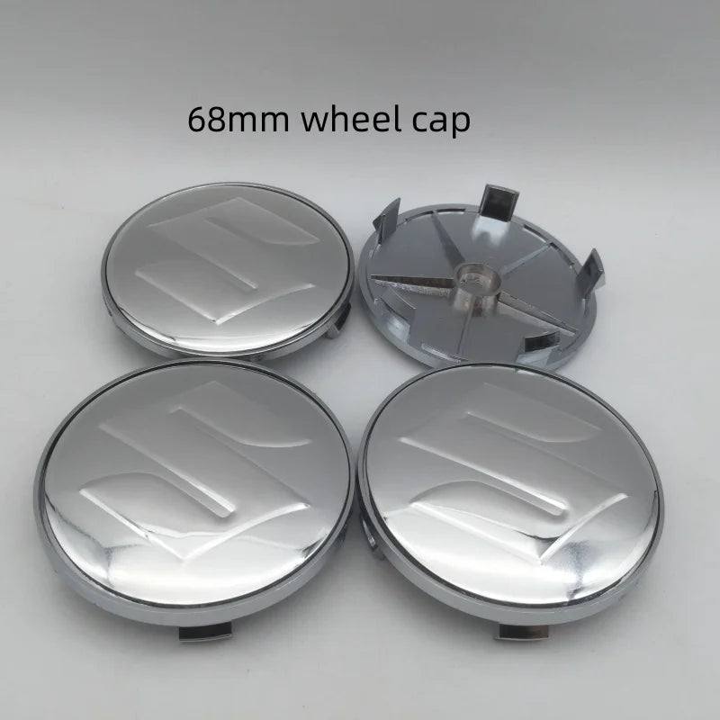 Three 68mm silver wheel caps are displayed against a light gray background.