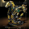A detailed mechanical model of a golden dragonfly, featuring intricate parts and mechanisms.