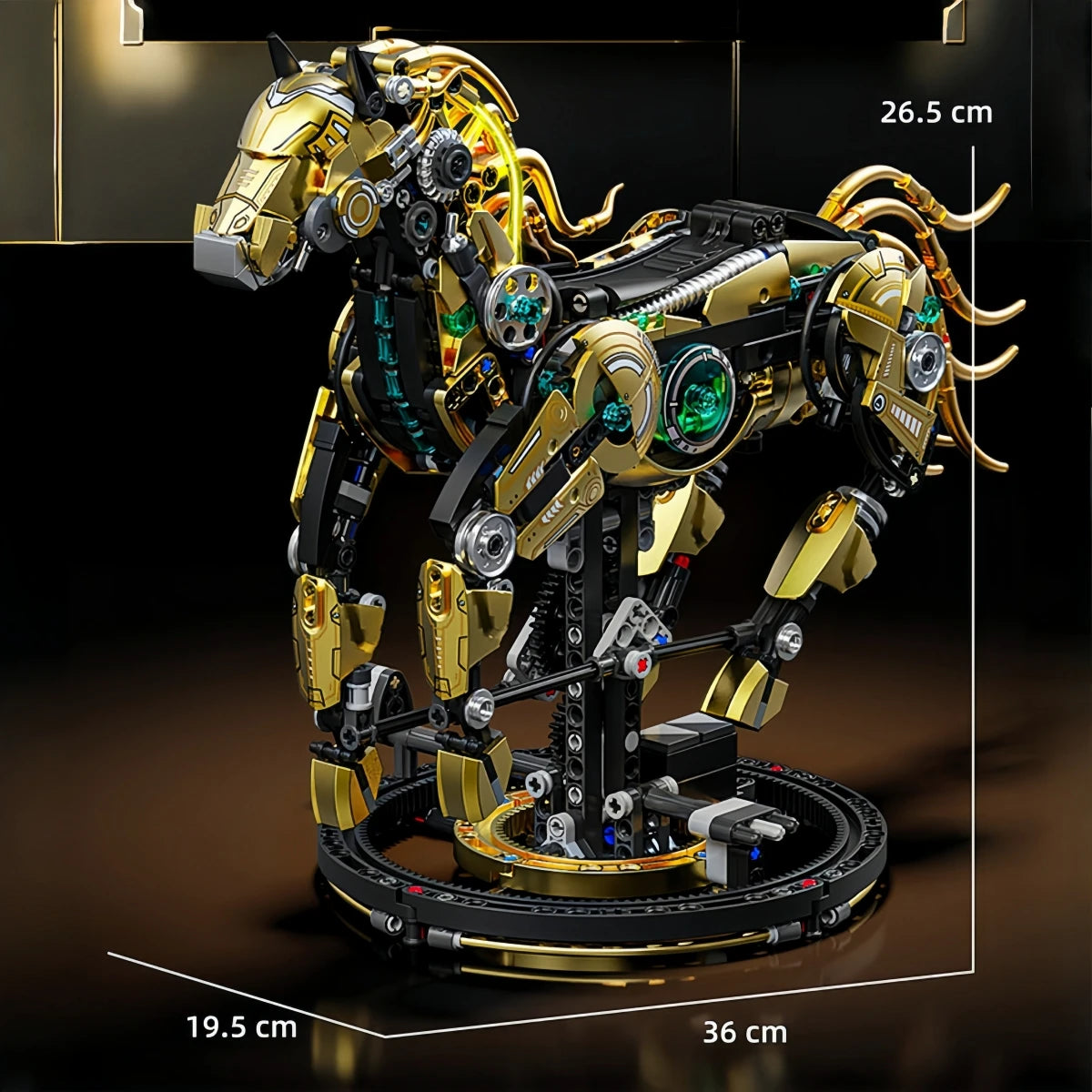 A detailed mechanical model of a golden dragonfly, featuring intricate parts and mechanisms.