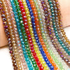 A close-up of multiple strands of colorful, faceted crystal beads in various shades of pink, blue, green, yellow, orange, and
