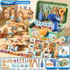 A green box contains a DIY assembly puzzle set of wooden train cars and parts for kids