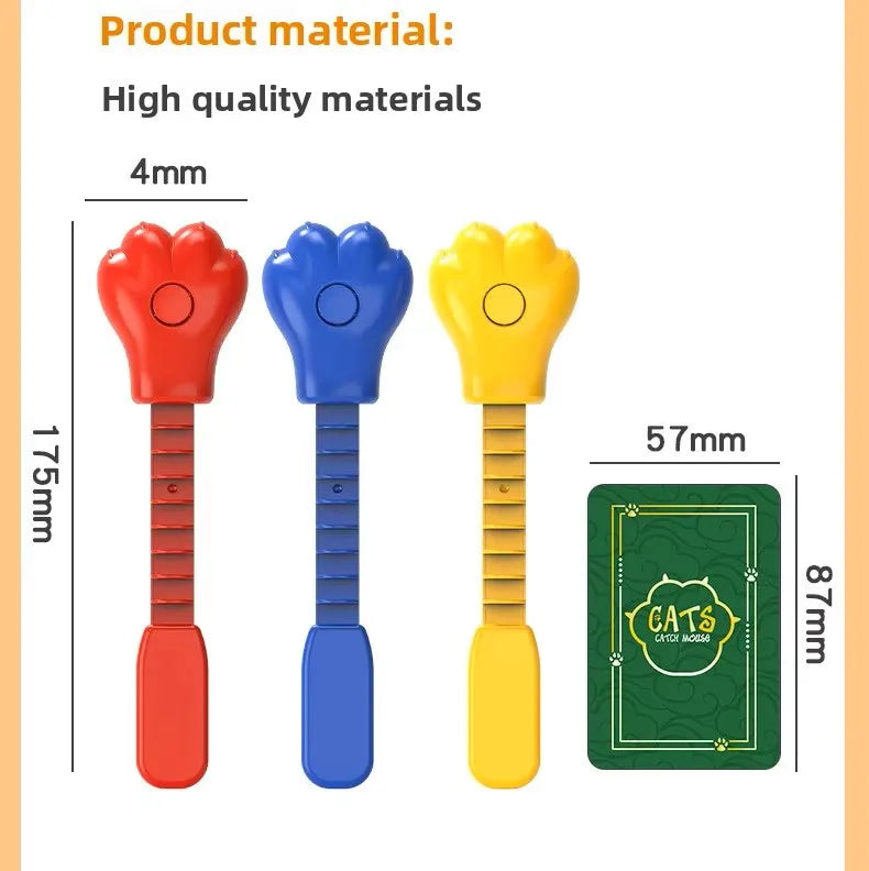 Three colorful cat and mouse reaction battle board game pieces in red, blue, and yellow.