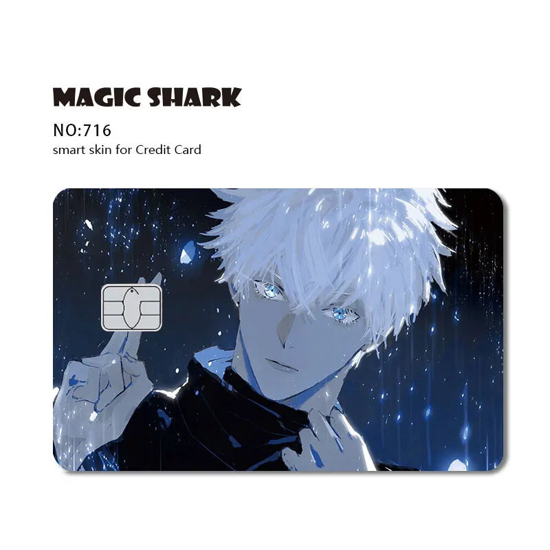 Anime character with white hair and blue eyes wearing a dark outfit, featured on a Credit Card skin sticker.
