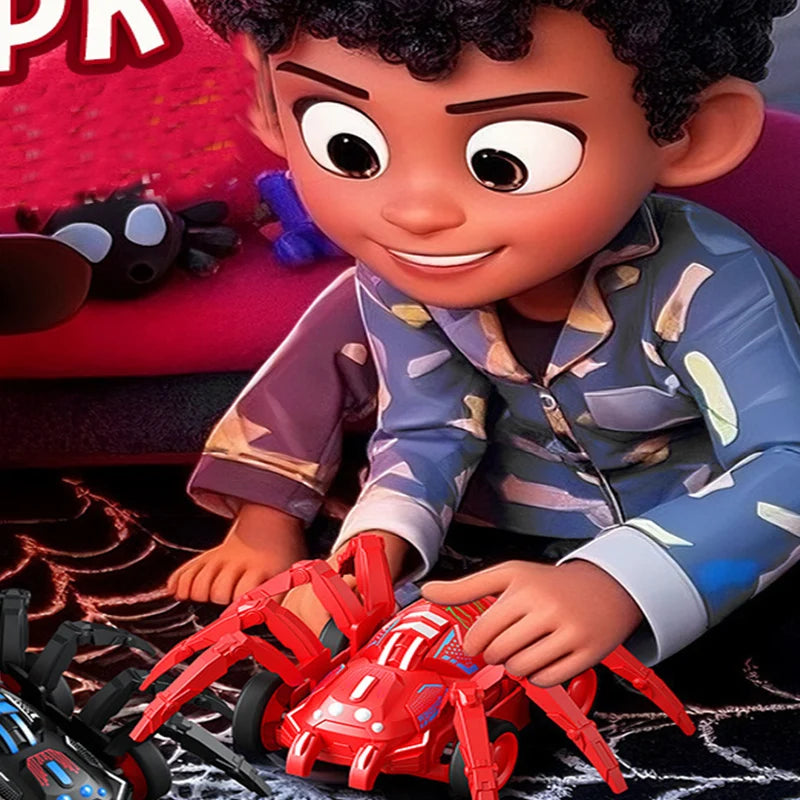 A young boy is holding a red inertia-powered spider crawling toy car.