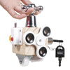 A wooden busy cube sensory learning toy with a metal faucet and a small black key attached.