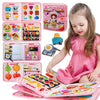 A pink felt busy book for toddlers showing various farm animals and interactive scenes.