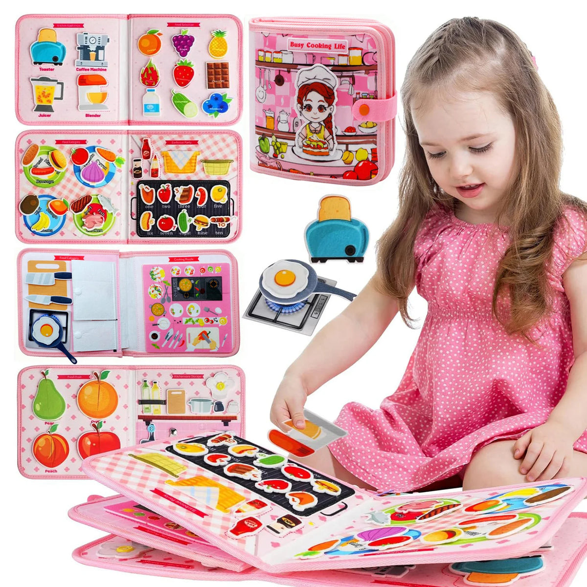 A pink felt busy book for toddlers showing various farm animals and interactive scenes.