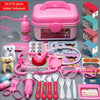 A pink kids doctor role play kit featuring a medical bag, stethoscope, and various plastic doctor tools.