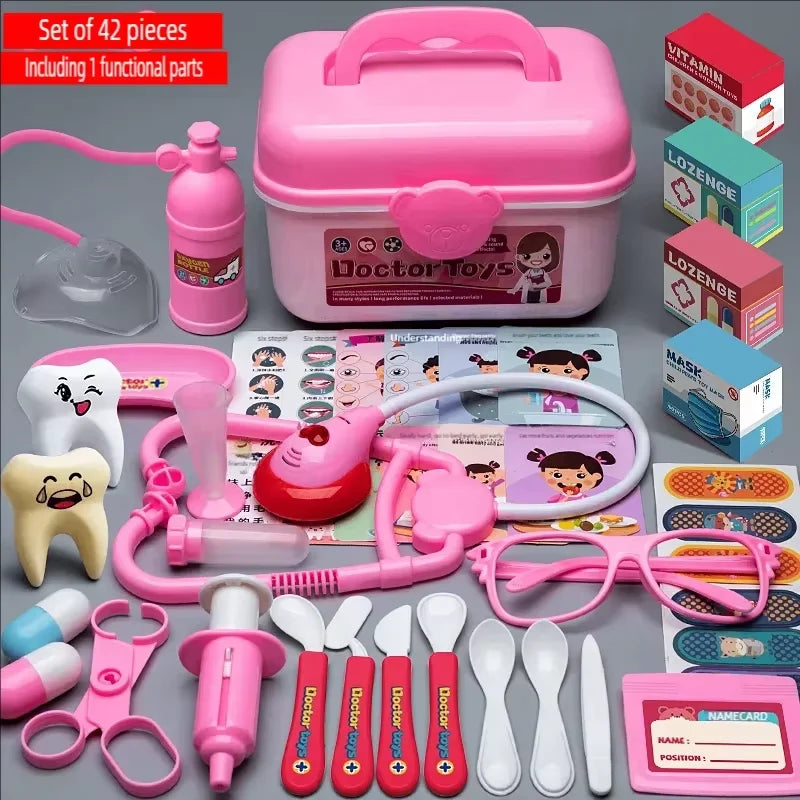A pink kids doctor role play kit featuring a medical bag, stethoscope, and various plastic doctor tools.