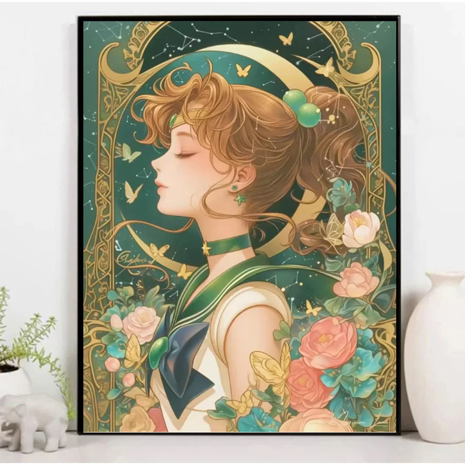 A 5D diamond painting kit featuring a cartoon girl with flowing hair and flowers in a detailed illustration.