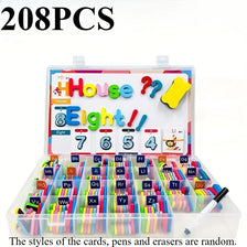 A box of 208 pieces of magnetic alphabet cards, pens, and erasers for learning.