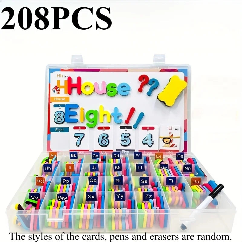 A box of 208 pieces of magnetic alphabet cards, pens, and erasers for learning.