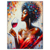 A vibrant diamond painting portrait of an African woman holding a glass of red wine.