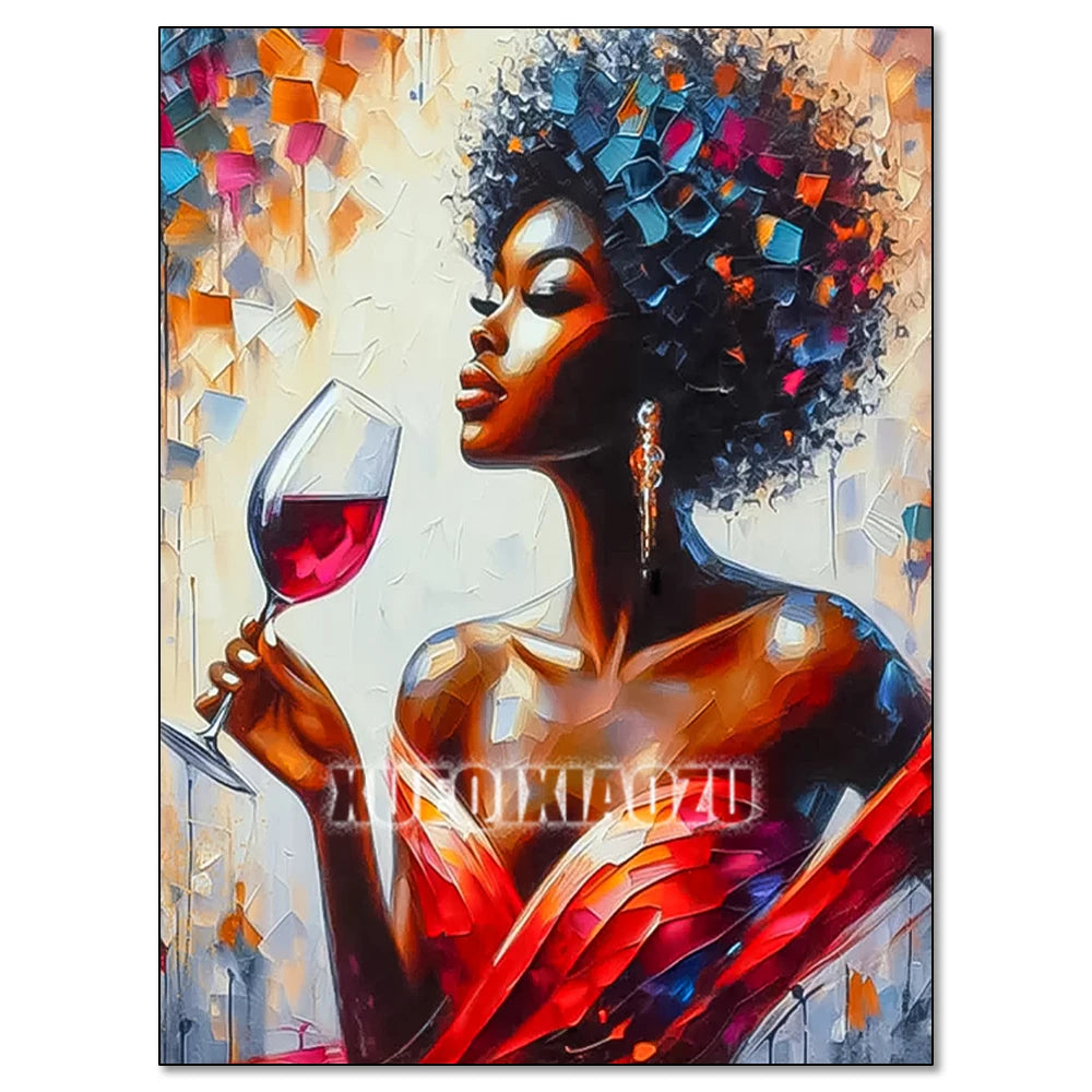 A vibrant diamond painting portrait of an African woman holding a glass of red wine.