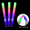 Three glowing foam LED glow sticks are shown, demonstrating a hard to break feature.