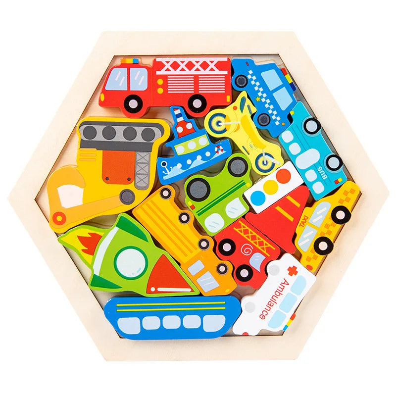 A wooden 3D jigsaw puzzle featuring various colored toy vehicles including trucks, buses, and ambulances.