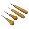 A professional bezel setting pusher tool with a wooden handle, shown from the side.