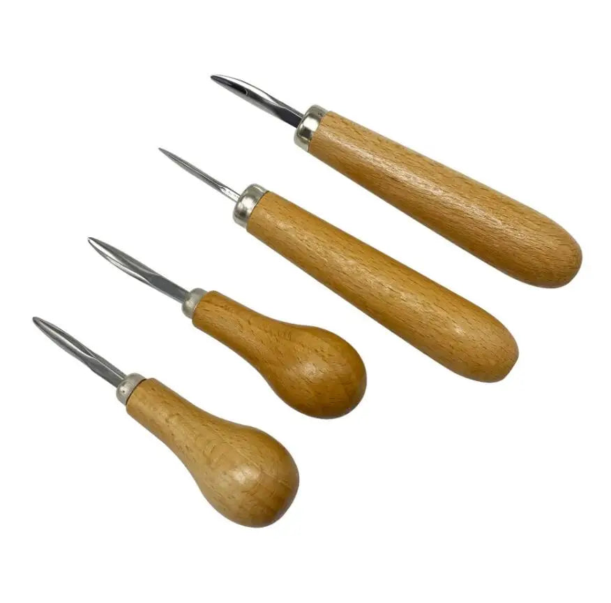 A professional bezel setting pusher tool with a wooden handle, shown from the side.
