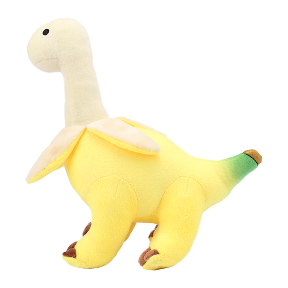 A yellow and green Peeled Banana Brontosaurus plush toy dinosaur stuffed animal