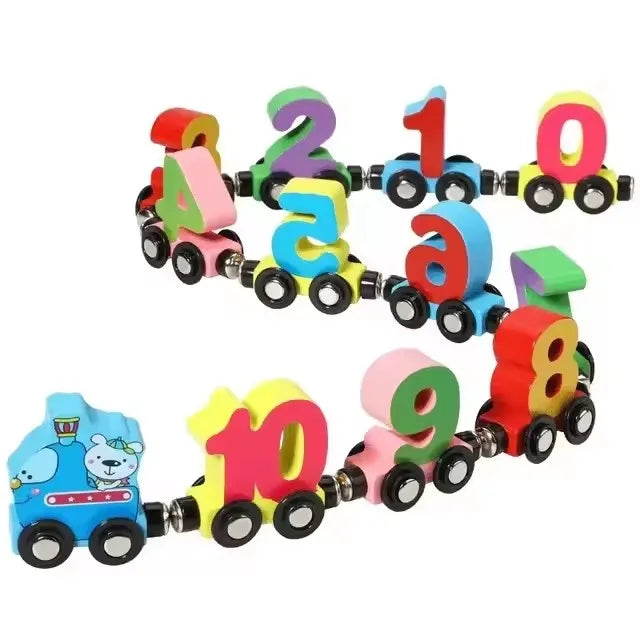 A magnetic wooden number train set featuring colorful numbers 1 through 10.