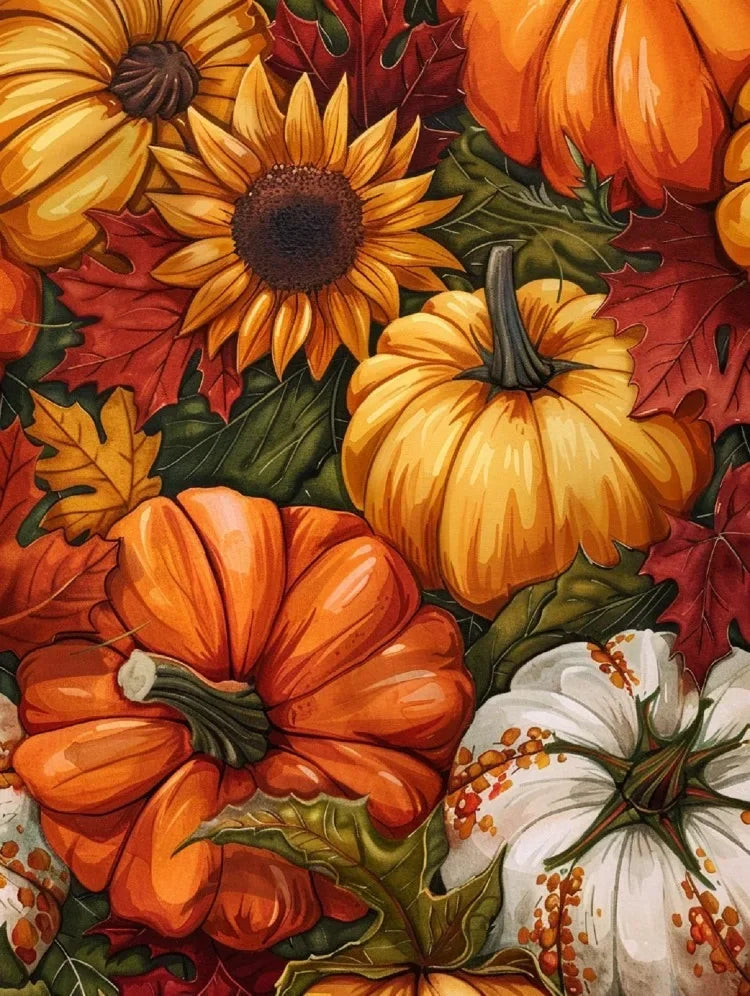 Vibrant autumn scene featuring various pumpkins and colorful fall leaves for a diamond painting kit.