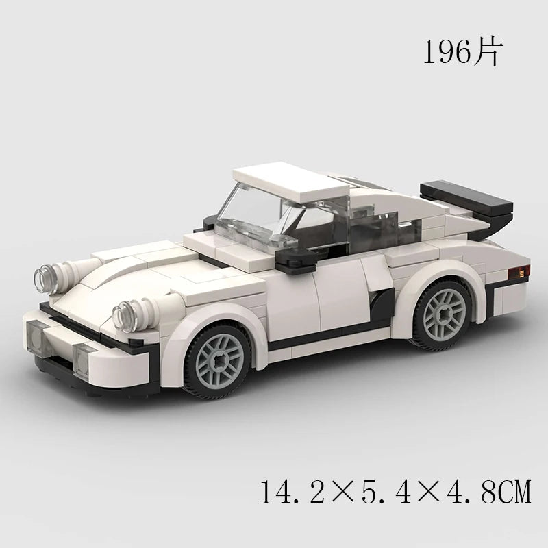 A white classic rally car model built from building blocks, shown in a side view.
