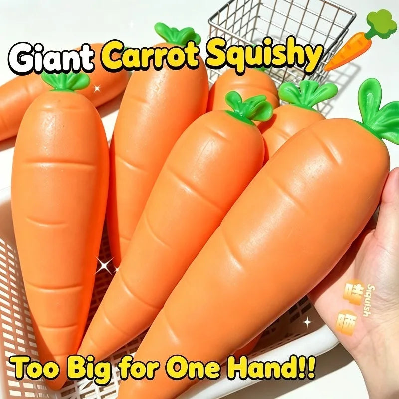 Several large orange carrot squishy toys are displayed in a white mesh basket.