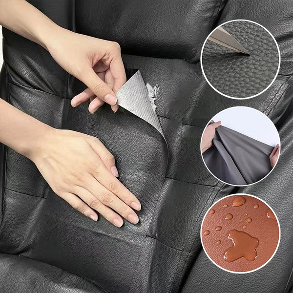 أيدي تضع رقعة إصلاح جلد صناعي لاصقة على مقعد جلدي أسود، تُظهر الرقعة وملمسها.