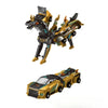 A yellow and black transforming dinosaur car toy in action.