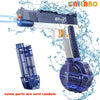 A blue electric water battle gun is shown firing a stream of water, with a detachable bottle and a large water tank nearby.