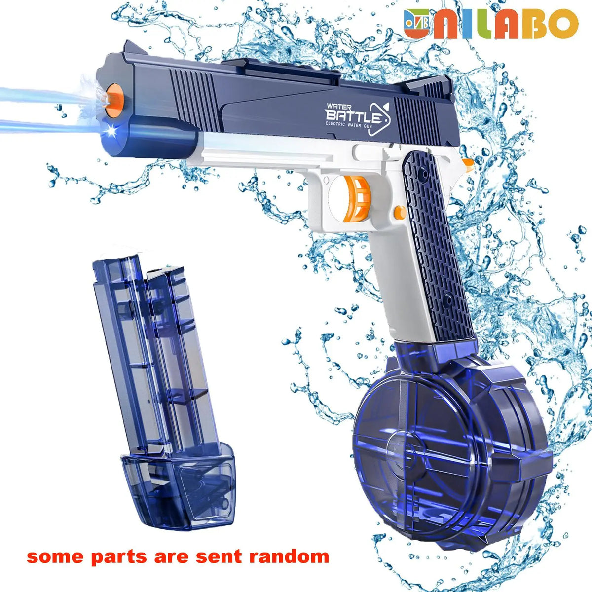 A blue electric water battle gun is shown firing a stream of water, with a detachable bottle and a large water tank nearby.