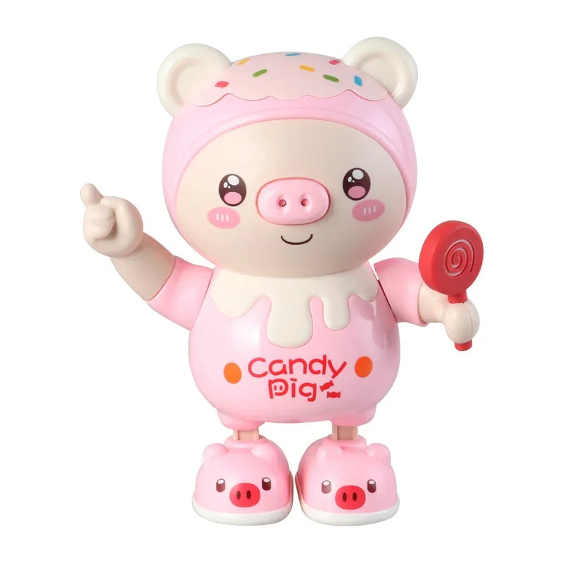 A pink pig toy with large ears, smiling face, and a red lollipop accessory.