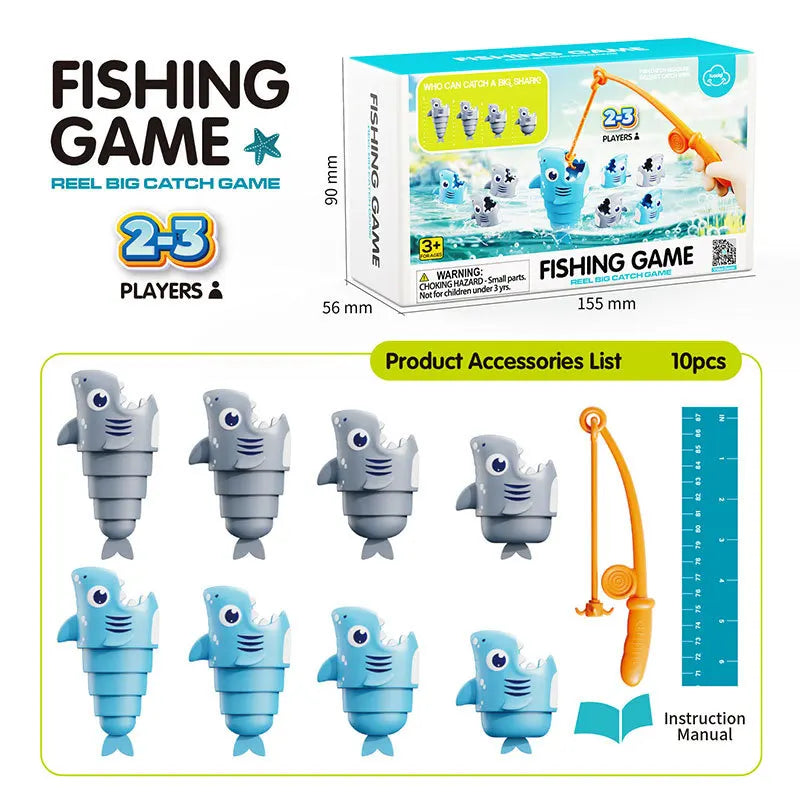 A box and set of 8 plastic shark fishing game pieces for kids with an instruction manual.