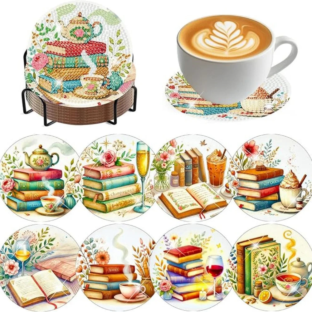 A collection of DIY diamond art coasters featuring cute dog designs and various floral patterns.