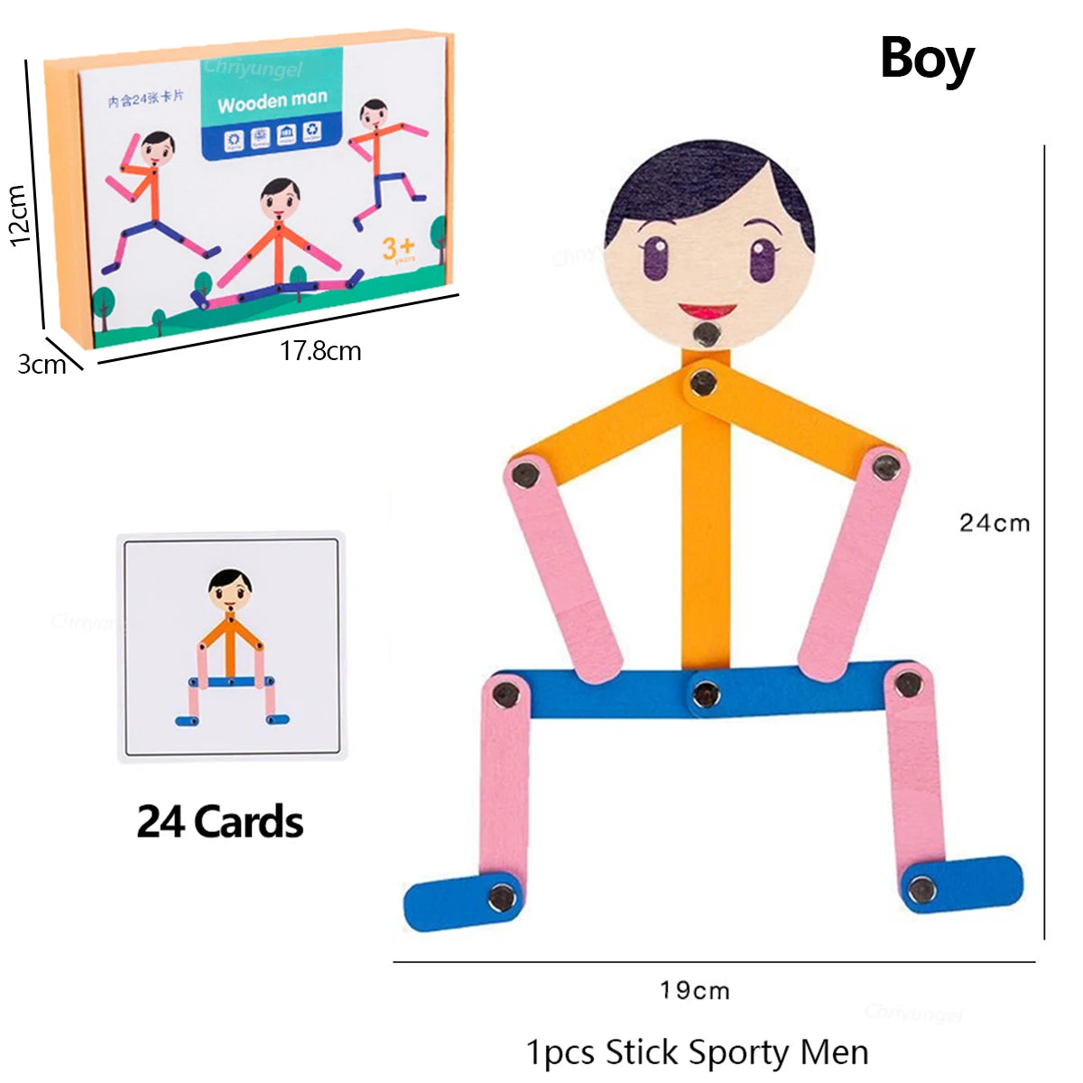 A set of 24 stick puzzles for boys featuring sporty men figures in orange, pink, and blue.