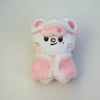 A white and pink cartoon animal plush keychain with large ears and a pink bow.