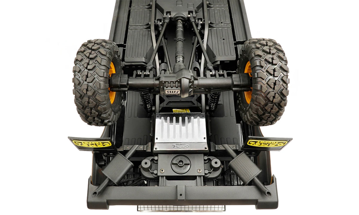 Black 1/10 RC Car upgrade kit featuring TPU mud flaps, fuel tank, and exhaust mufflers for an FCX10 Range Rover model.