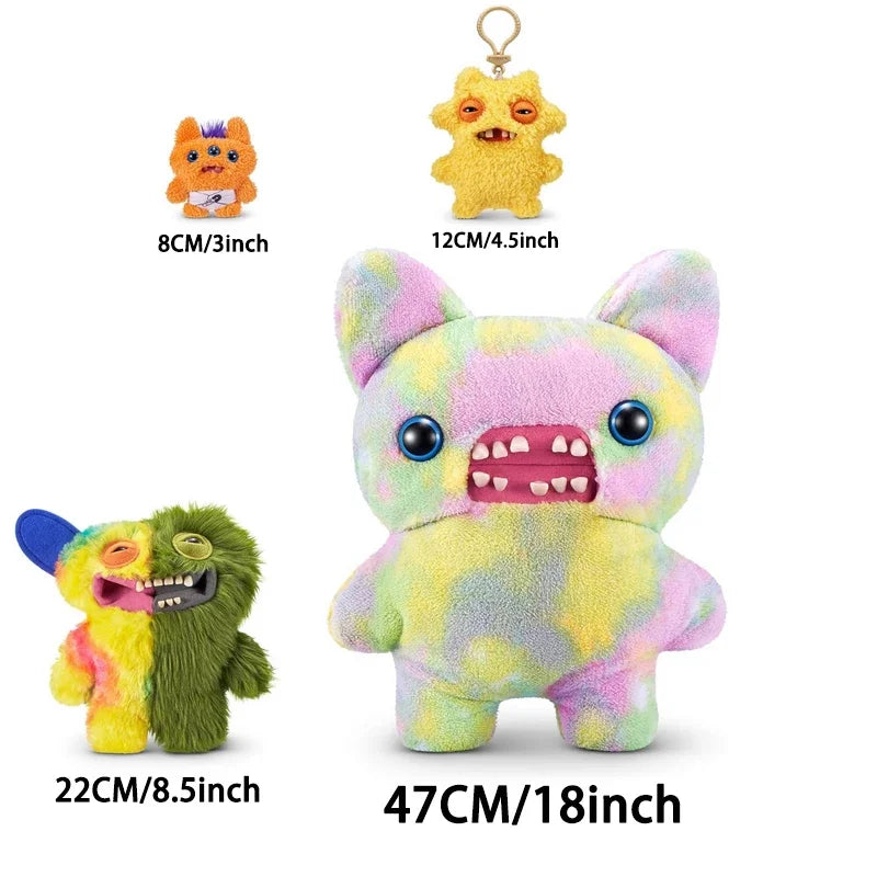A yellow and purple plush monster with large eyes and a wide grin, shown next to a smaller version.